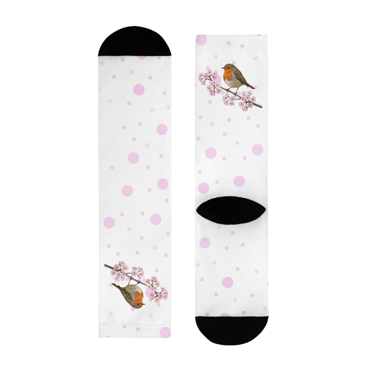 Rotkehlchen Socken mit Kirschblüten | Weiß Rosa gepunktete Vogelmotiv Strümpfe