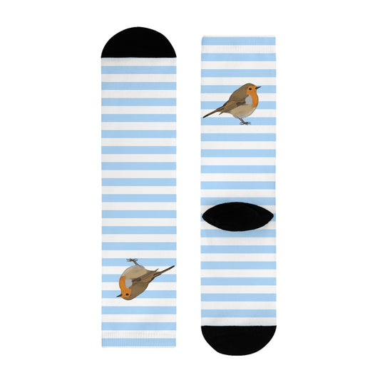 Rotkehlchen Vogel Socken mit Blau Weißen Streifen für Vogelfreunde & Vogelbeobachter