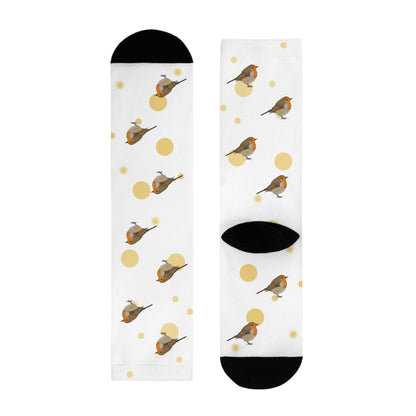 Rotkehlchen Vogel Socken mit Goldenen Punkten für Vogelfreunde & Vogelbeobachter Weiß
