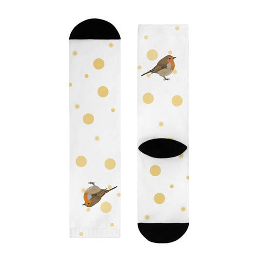 Rotkehlchen Vogel Socken mit Goldenen Punkten für Vogelfreunde & Vogelbeobachter Weiß