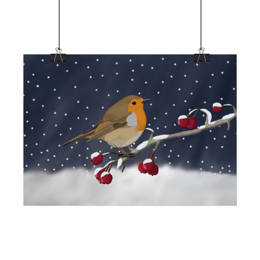 Rotkehlchen auf einem Ast im Schnee Vogel Poster