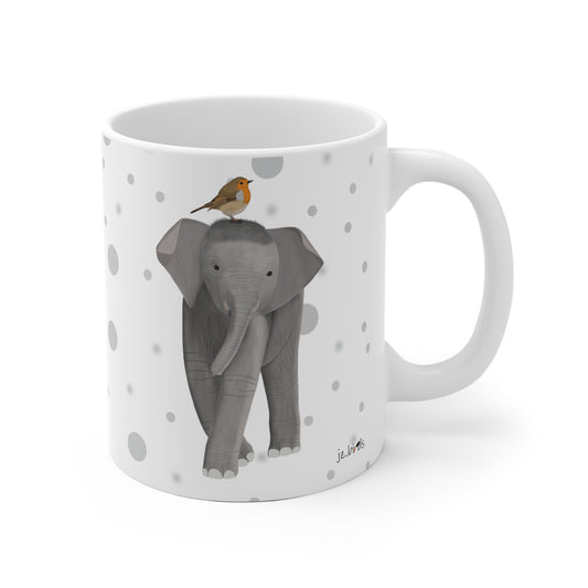 Rotkehlchen auf einem Elefanten Vogel Tasse Punkte Grau