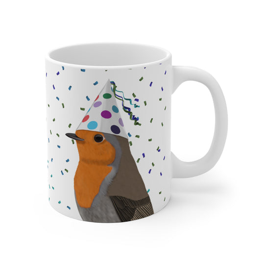 Rotkehlchen feiert Geburtstag mit Partyhut und Konfetti Vogel Tasse