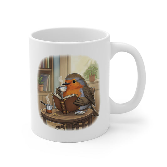 Rotkehlchen liest Bücher und trinkt Kaffee Vogel Tasse Weiß für Vogelbeobachter