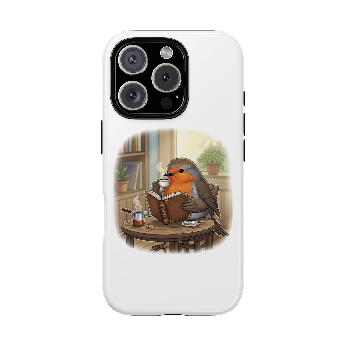 Weiße iPhone Handyhülle mit einem Rotkehlchen, das an einem Tisch sitzt, ein Buch liest und einen Kaffee trinkt