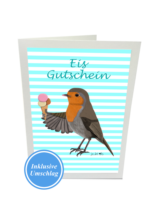 Rotkehlchen mit Eis Lustige Vogel Grußkarte als Eis Gutschein mit Umschlag