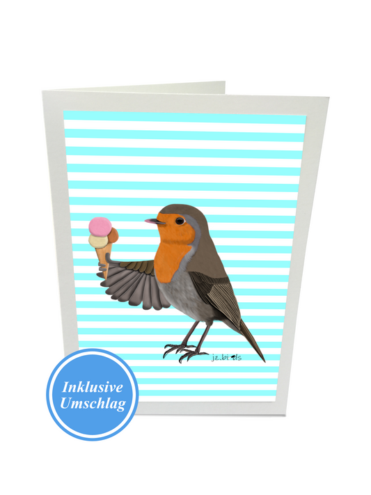 Rotkehlchen mit Eis Lustige Vogel Grußkarte mit Umschlag