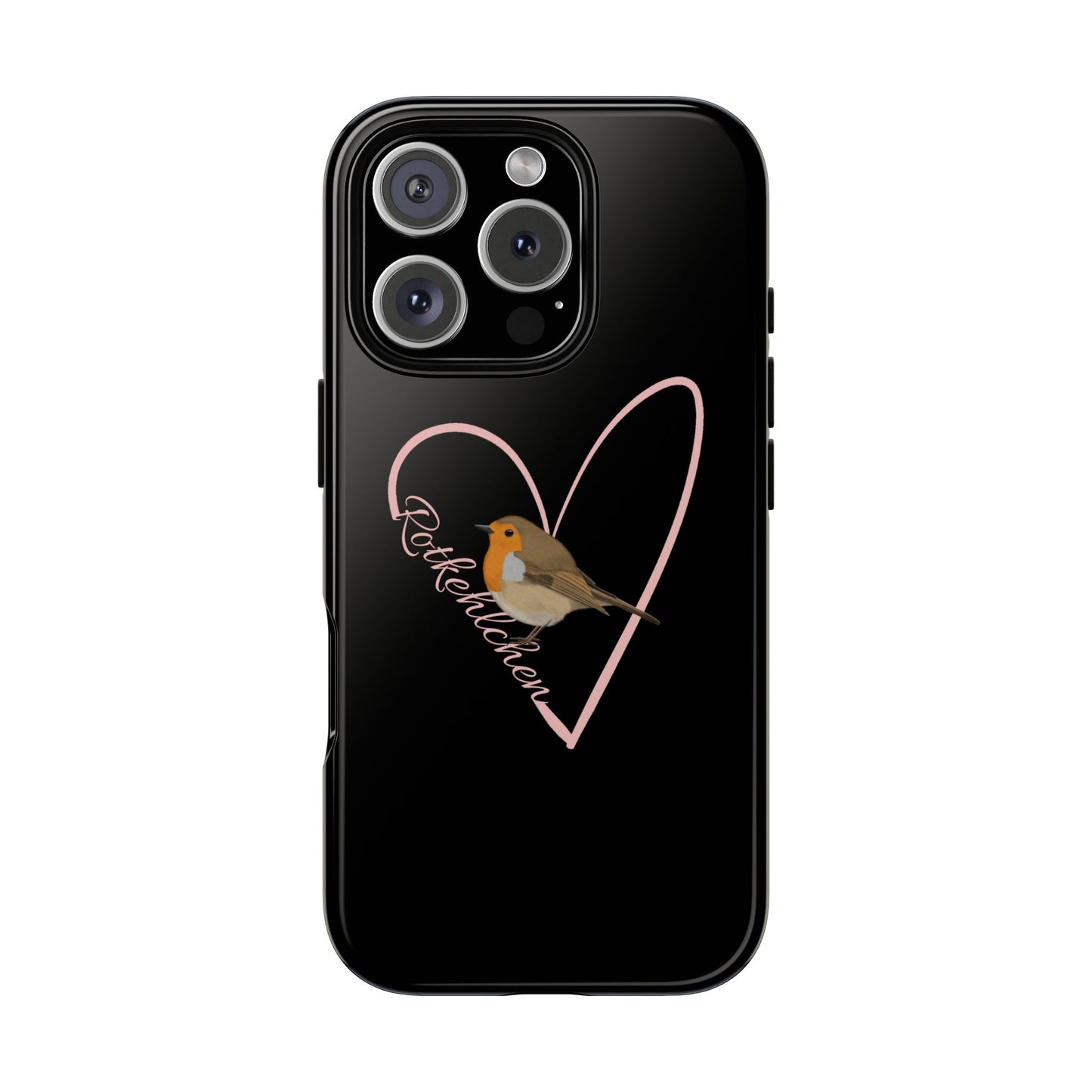 Schwarze iPhone Handyhülle mit einem Rotkehlchen auf einem rosa Herz mit der Aufschrift Rotkehlchen