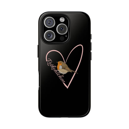 Schwarze iPhone Handyhülle mit einem Rotkehlchen auf einem rosa Herz mit der Aufschrift Rotkehlchen