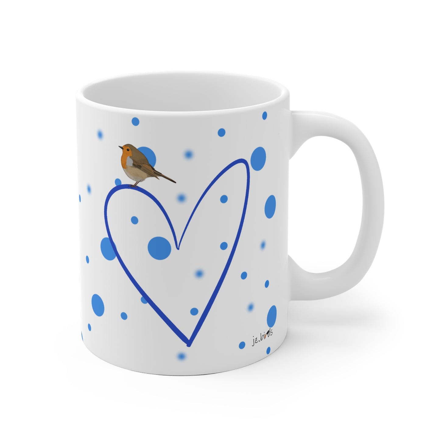 Rotkehlchen mit Herz Valentinstag Vogel Tasse Punkte Blau