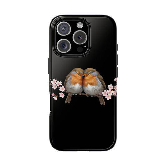 iPhone case mit zwei Rotkehlchen auf einem Ast und Kirschblüten