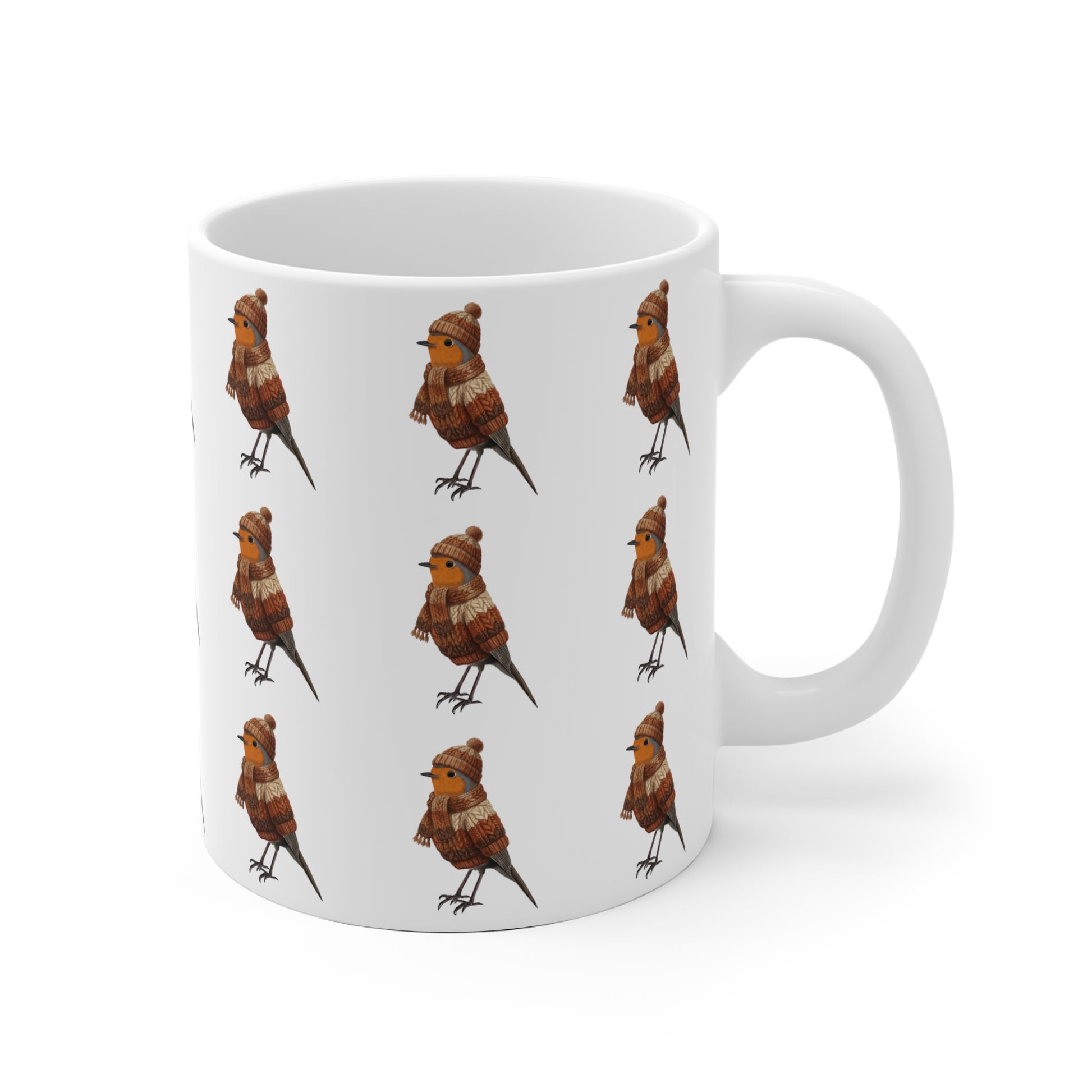 Rotkehlchen mit Strickmütze Weihnachtliche Tasse mit Vogelmotiv – Ideal für Kakao & Kaffee