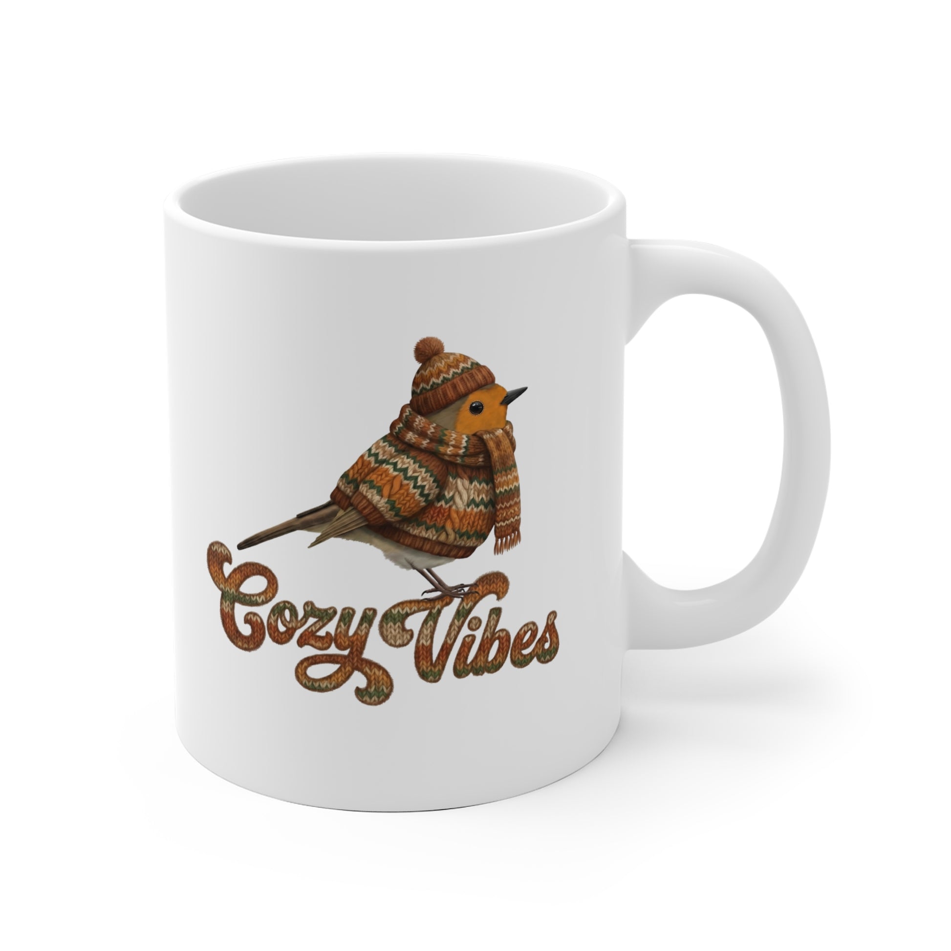 Rotkehlchen mit Strickpullover Weihnachtliche Tasse mit Vogelmotiv Cozy Vibes – Ideal für Kakao & Kaffee