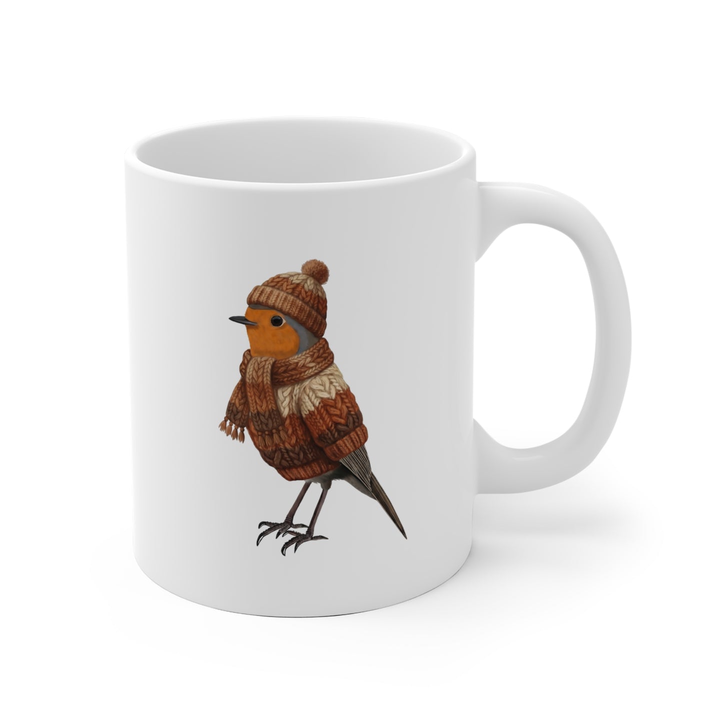 Rotkehlchen mit Strickpullover Weihnachtliche Tasse mit Vogelmotiv – Ideal für Kakao & Kaffee