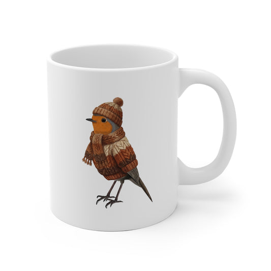 Rotkehlchen mit Strickpullover Weihnachtliche Tasse mit Vogelmotiv – Ideal für Kakao & Kaffee