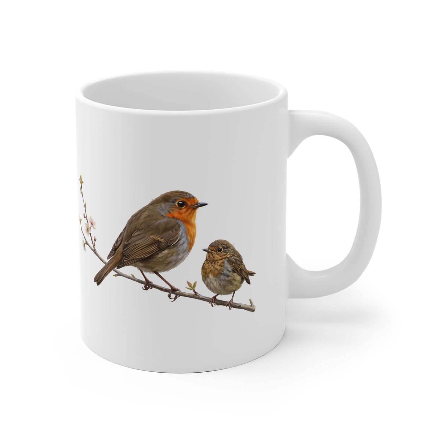 Rotkehlchen mit Ästling Premium Keramiktasse | Geschenk für Vogelbeobachter