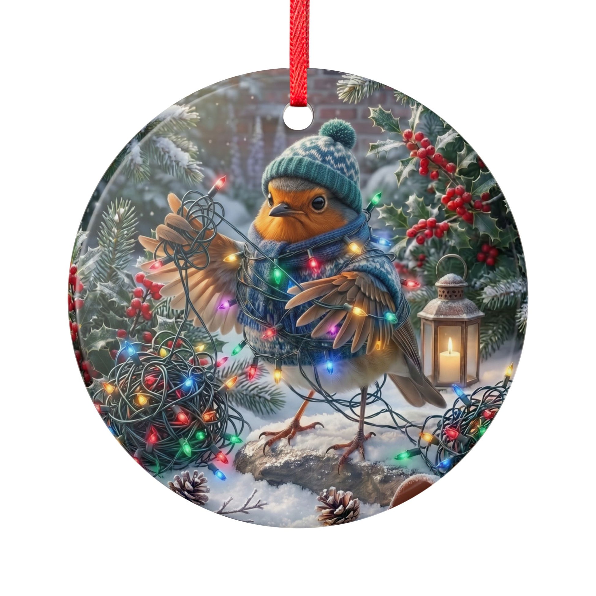 Rundes Keramik-Ornament (7,5x7,5 cm) mit glänzendem Finish und rotem Band zum Aufhängen. Das beidseitige Motiv zeigt das Rotkehlchen Rosi mit Wintermütze und Schal, das sich lustig in einer leuchtenden Lichterkette verheddert hat. Ein humorvoller Christbaumschmuck für Vogelfreunde und Biologen.
