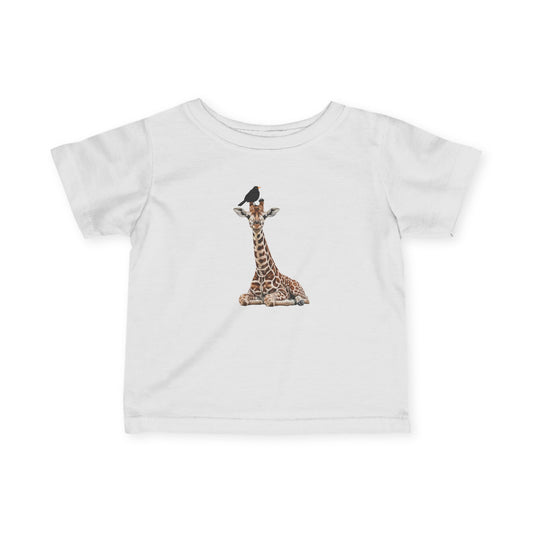 Süße Baby Giraffe mit Amsel Vogel Tiermotiv T-Shirt für Babys und Kleinkinder
