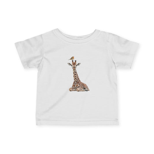 Süße Baby Giraffe mit Rotkehlchen Vogel Tiermotiv T-Shirt für Babys und Kleinkinder