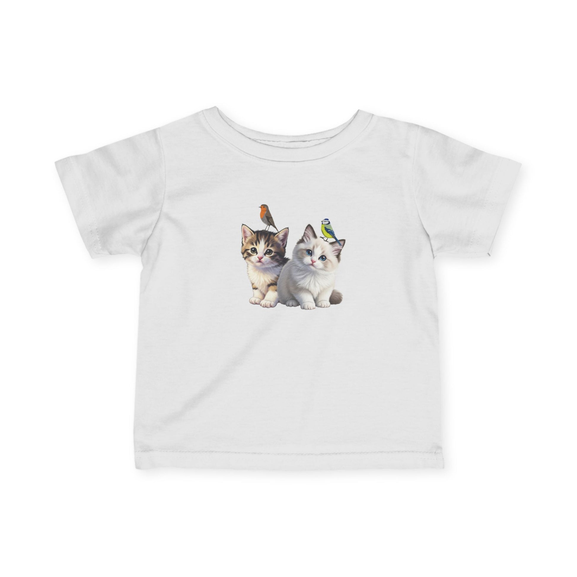 Süße Kätzchen Tiermotiv Baby T-Shirt mit Rotkehlchen und Blaumeise