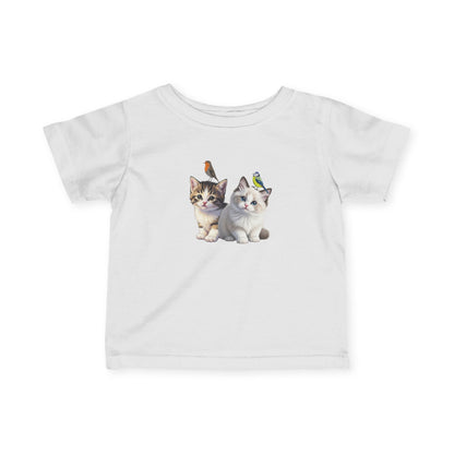 Süße Kätzchen Tiermotiv Baby T-Shirt mit Rotkehlchen und Blaumeise