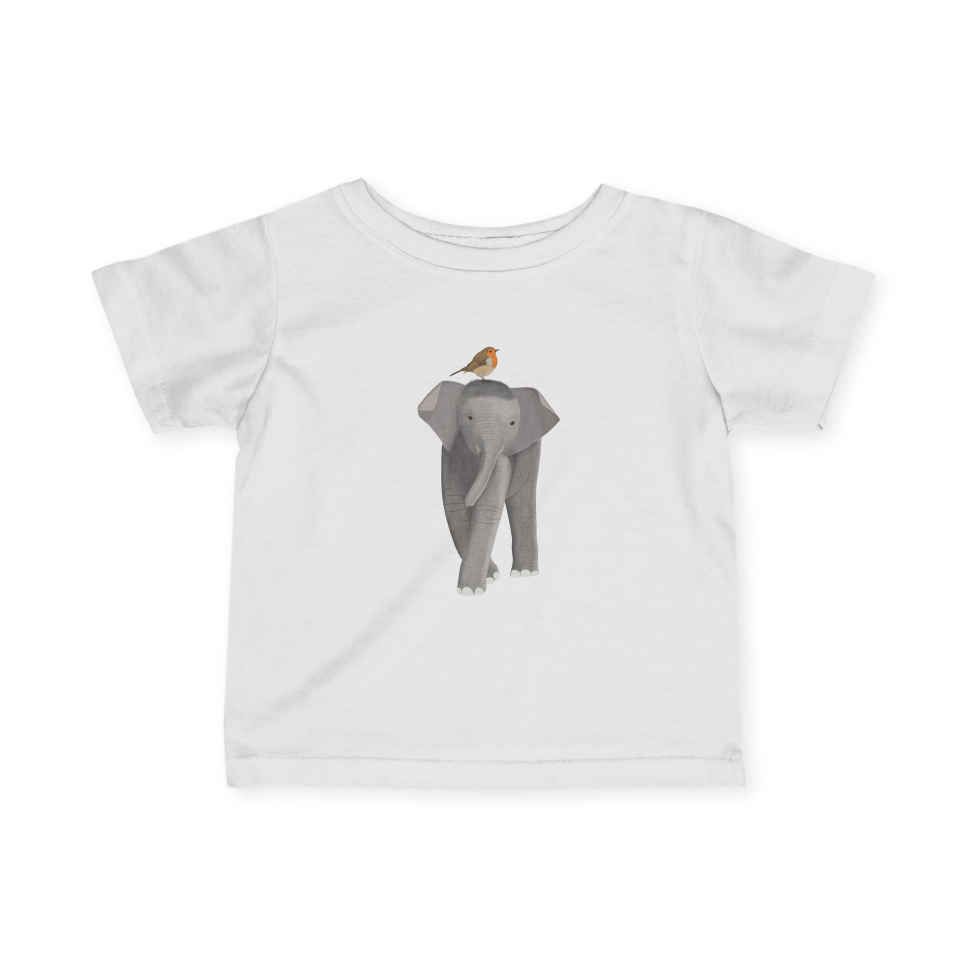 Süßes Elefant mit Rotkehlchen Vogel Tiermotiv T-Shirt für Babys und Kleinkinder