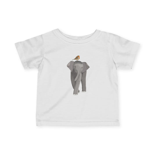 Süßes Elefant mit Rotkehlchen Vogel Tiermotiv T-Shirt für Babys und Kleinkinder