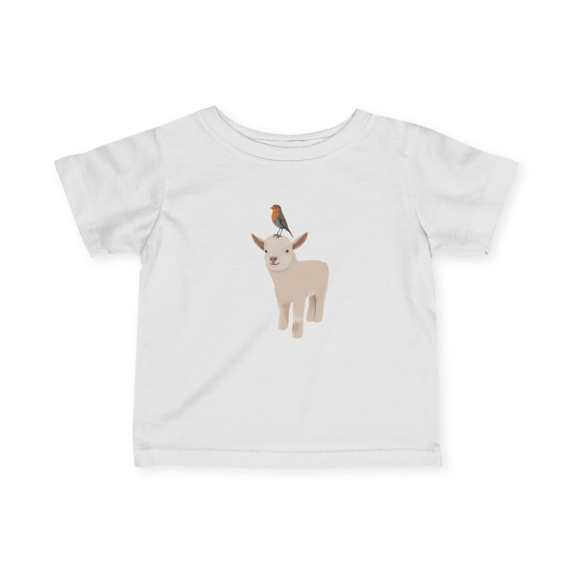 Süßes Lamm mit Rotkehlchen Vogel Tiermotiv T-Shirt für Babys und Kleinkinder