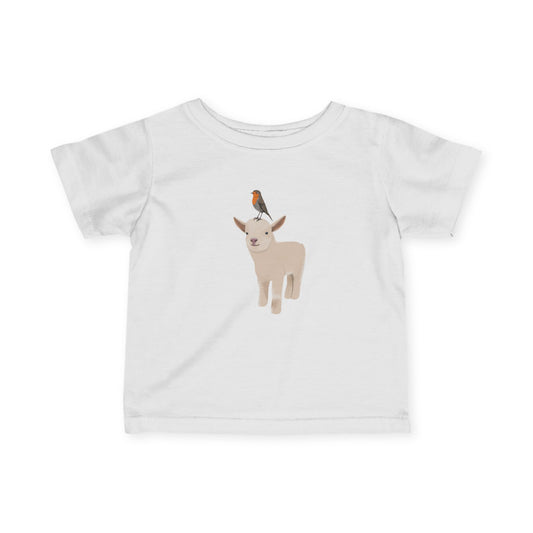 Süßes Lamm mit Rotkehlchen Vogel Tiermotiv T-Shirt für Babys und Kleinkinder