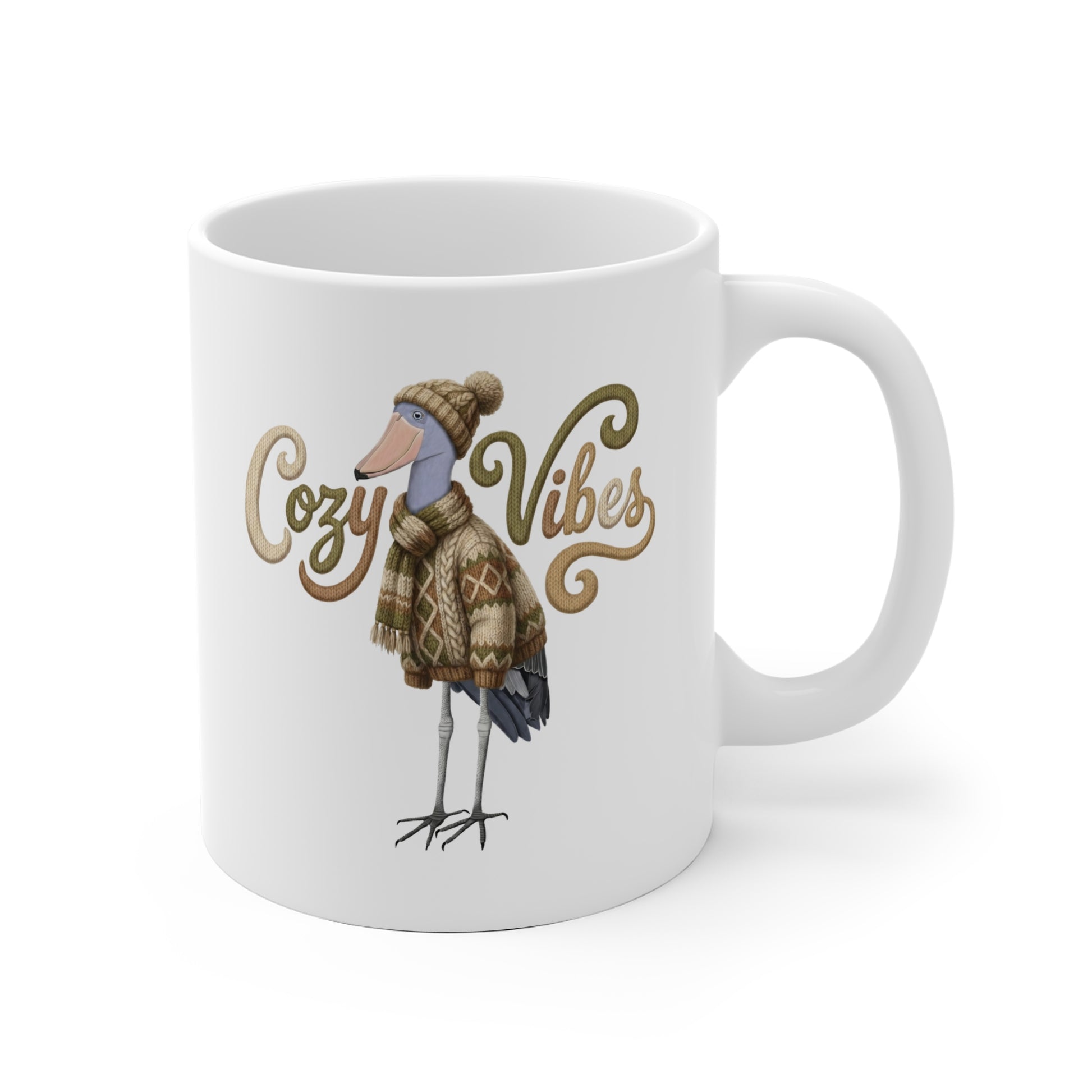 Schuhschnabel mit Strickpullover Weihnachtliche Tasse mit Vogelmotiv Cozy Vibes – Ideal für Kakao & Kaffee