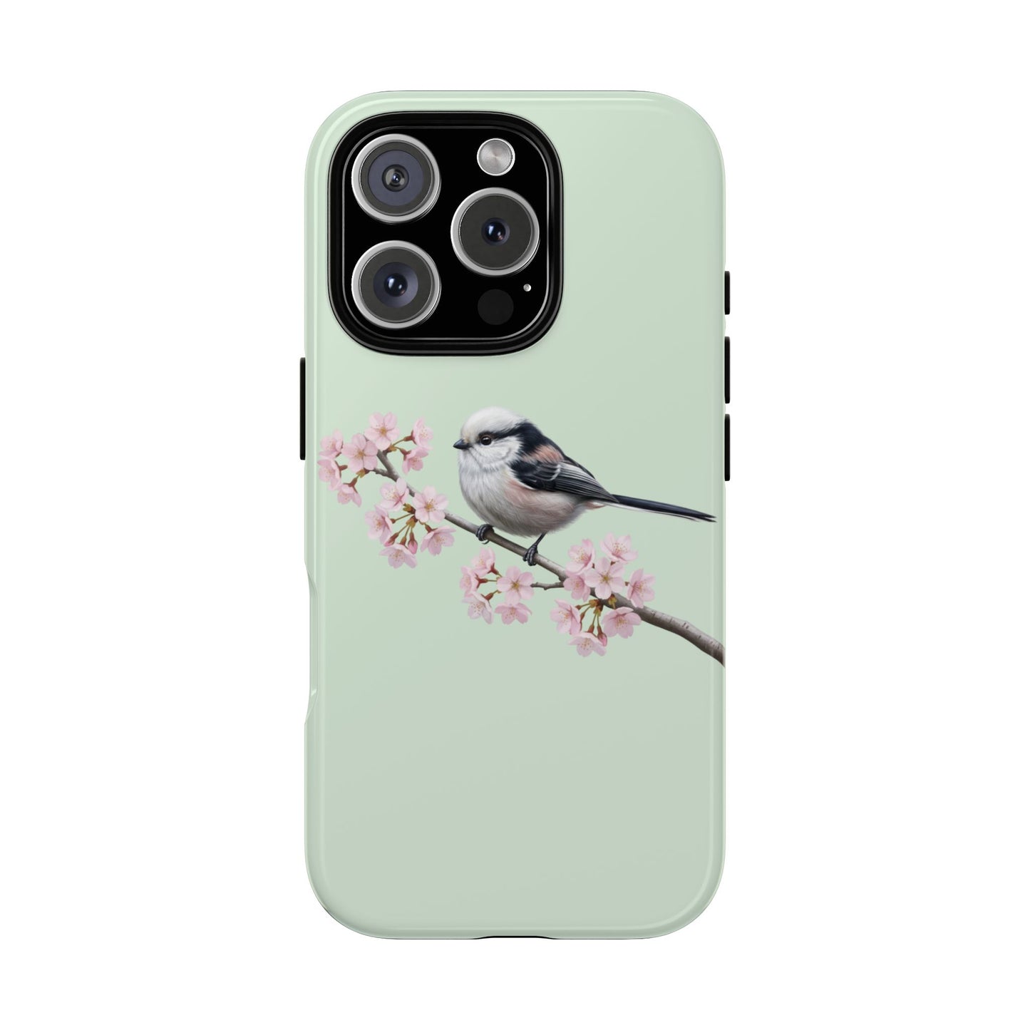 Schwanzmeise Handyhülle in Salbeigrün | Florales Kirschblüten Vogel-Motiv für iPhone & Google Pixel