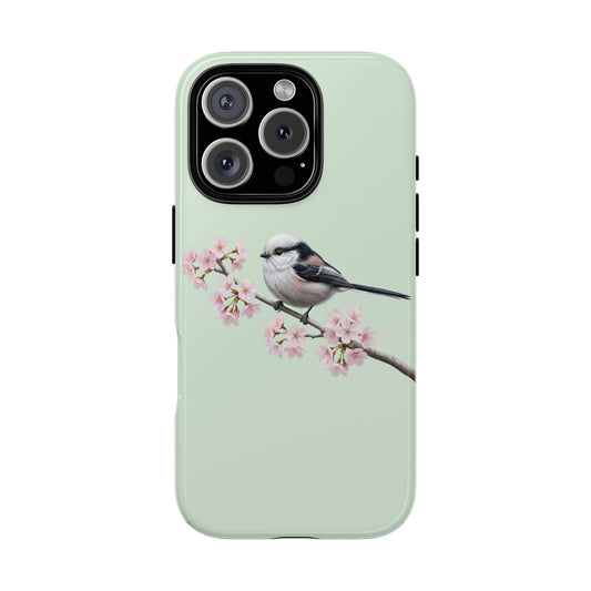 Schwanzmeise Handyhülle in Salbeigrün | Florales Kirschblüten Vogel-Motiv für iPhone & Google Pixel