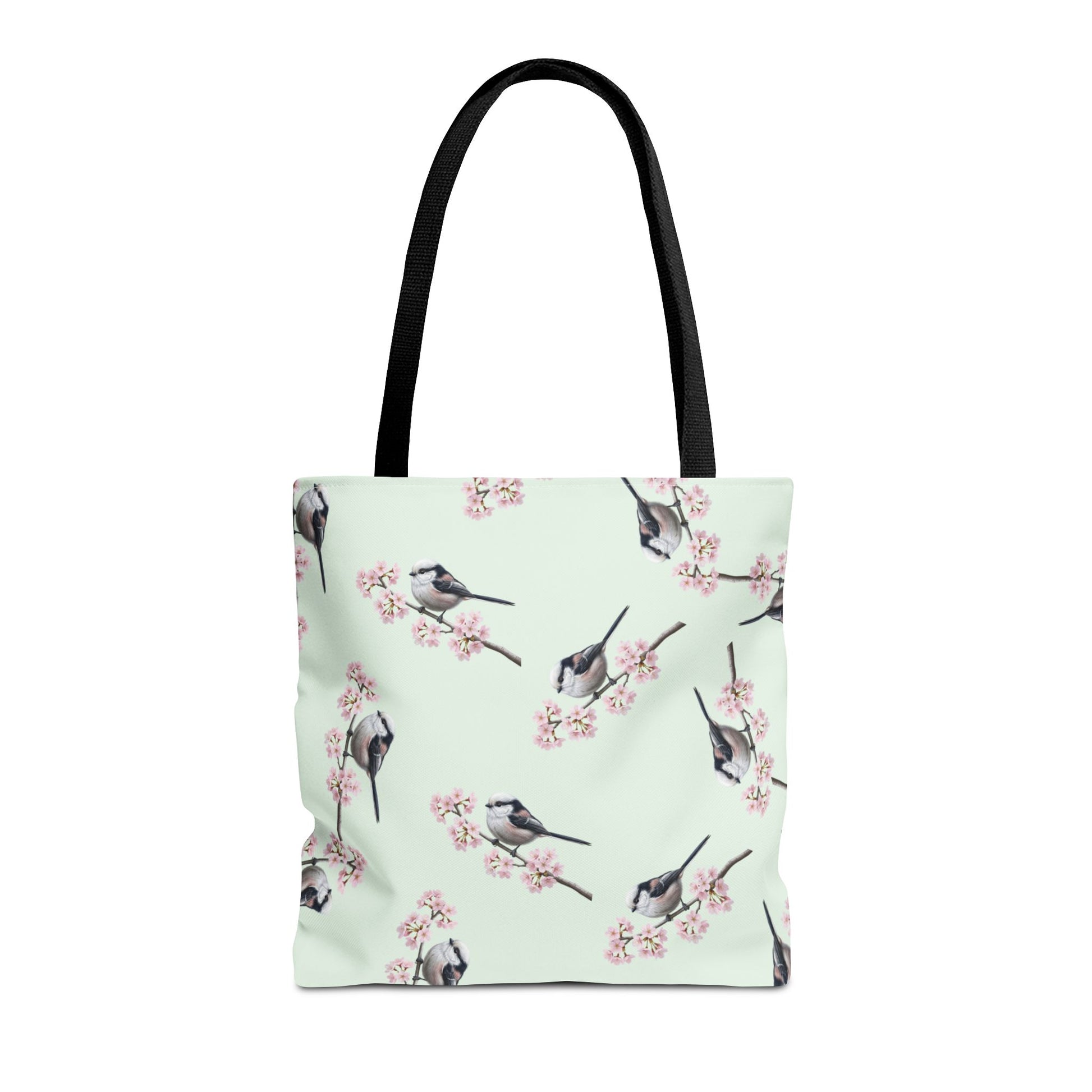 Schwanzmeise & Kirschblüten Tragetasche in Salbeigrün | Stofftasche & Geschenk für Vogelbeobachter