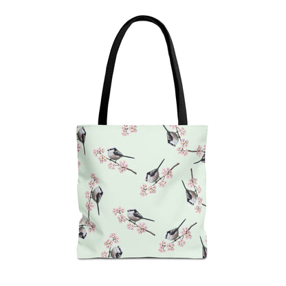 Schwanzmeise & Kirschblüten Tragetasche in Salbeigrün | Stofftasche & Geschenk für Vogelbeobachter