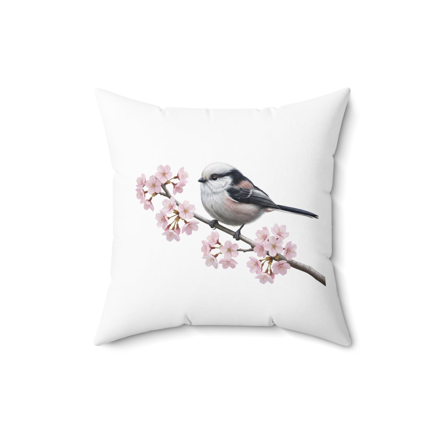 Schwanzmeise Kissen mit Kirschblüten | Weißes Dekokissen 40x40 Vogelmotiv