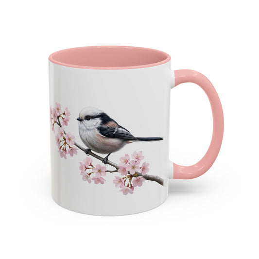 Schwanzmeise Tasse mit Kirschblüten | Rosa Keramiktasse für Vogelfreunde
