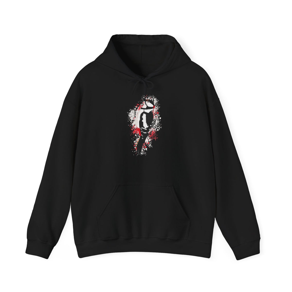Schwarzer Buntspecht Hoodie für Damen und Herren mit großem, handgemaltem Vogel-Motiv und gesprenkeltem Hintergrund auf der Vorderseite – Kapuzenpullover im Art-Design