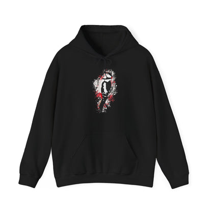 Schwarzer Buntspecht Hoodie für Damen und Herren mit großem, handgemaltem Vogel-Motiv und gesprenkeltem Hintergrund auf der Vorderseite – Kapuzenpullover im Art-Design