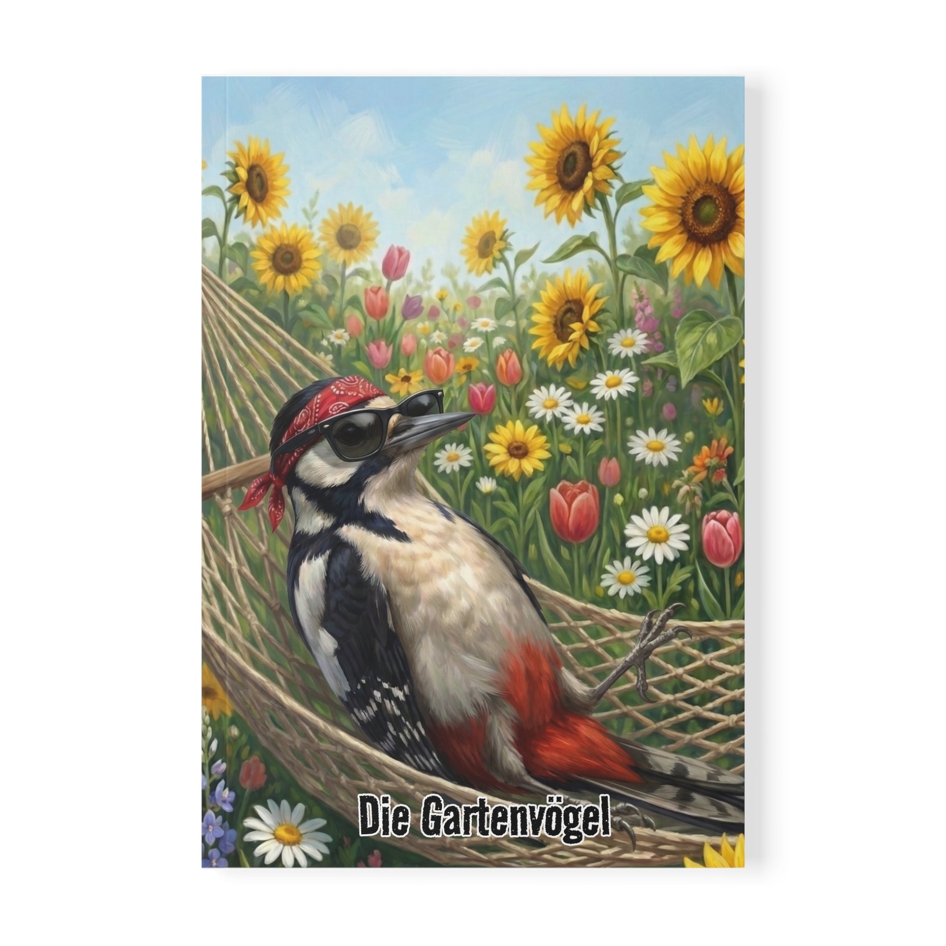 Sigi Specht in der Hängematte - Premium Notizbuch A5 mit Vogelmotiv | Die Gartenvögel
