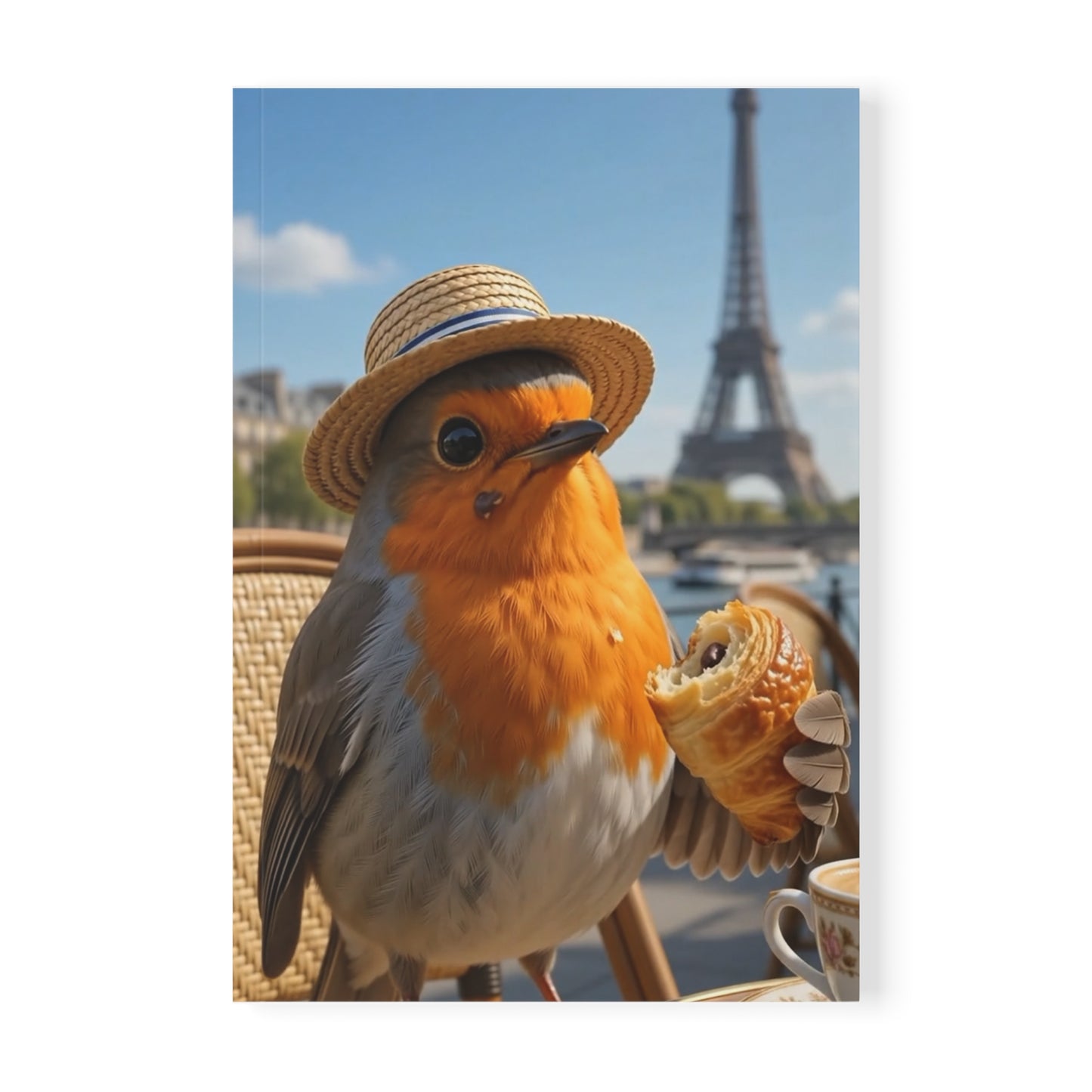 Softcover Notizbuch in A5. Digitale Illustration eines Rotkehlchens namens Rosi, das an einem Sommertag in einem Pariser Bistro sitzt und mit seinen Flügelfedern ein Schoko-Croissant hält. Ein wenig Schokolade klebt im Gefieder, im Hintergrund ist der Eiffelturm.