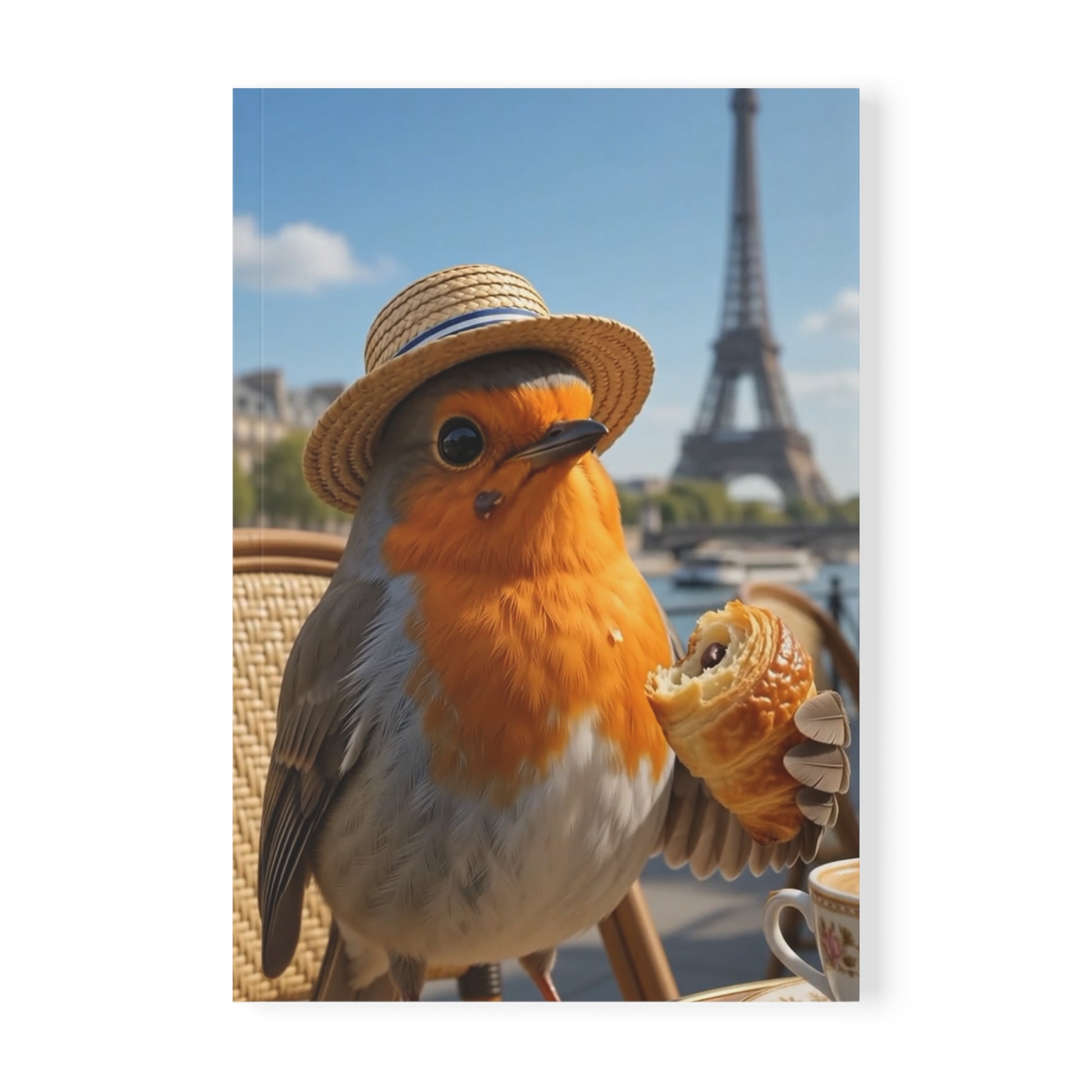 Softcover Notizbuch in A5. Digitale Illustration eines Rotkehlchens namens Rosi, das an einem Sommertag in einem Pariser Bistro sitzt und mit seinen Flügelfedern ein Schoko-Croissant hält. Ein wenig Schokolade klebt im Gefieder, im Hintergrund ist der Eiffelturm.