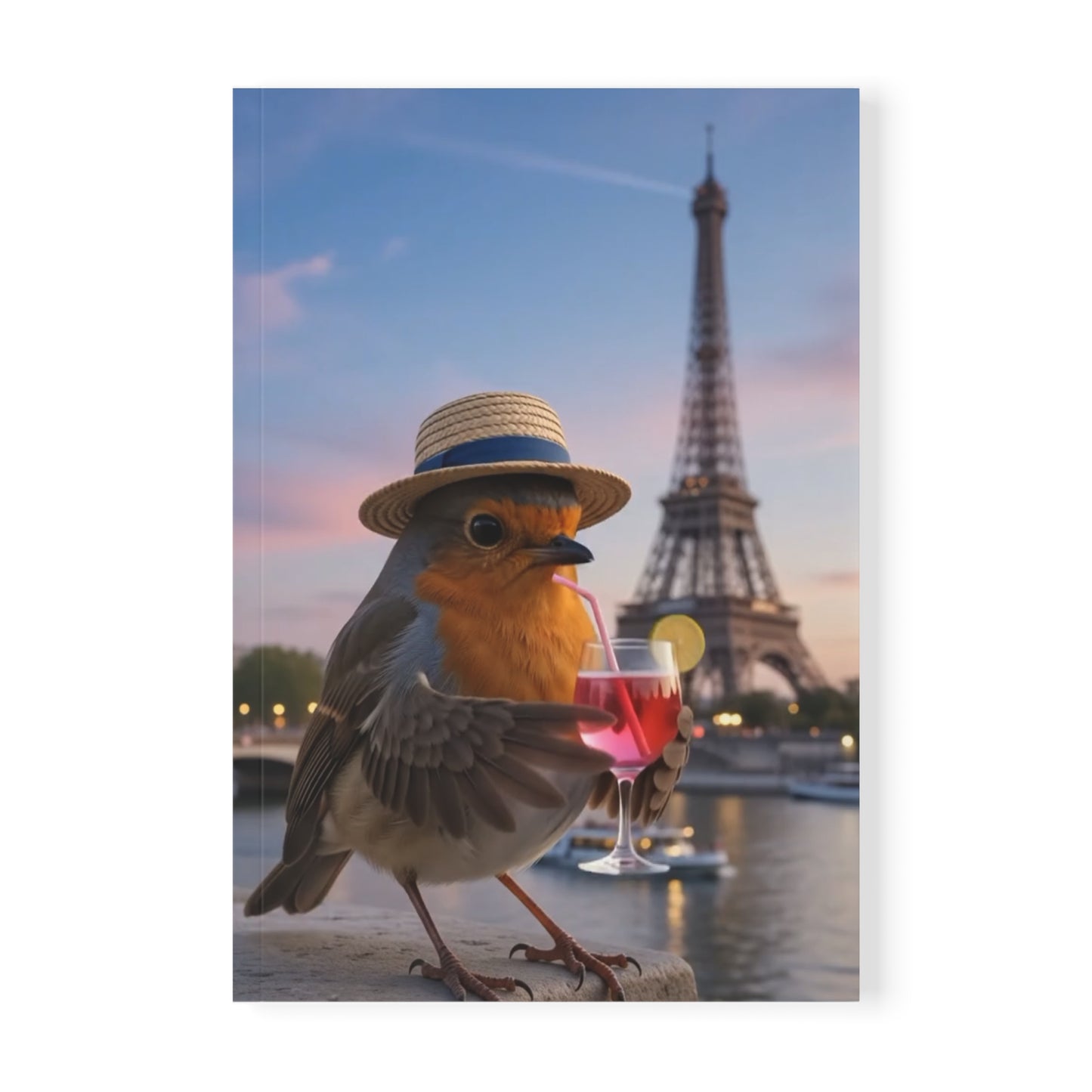 Softcover Notizbuch in A5. Digitale Illustration eines Rotkehlchens namens Rosi, das mit seinen Flügelfedern einen Cocktail hält und abends an der Seine in Paris sitzt. Im Hintergrund blinkt der Eiffelturm.
