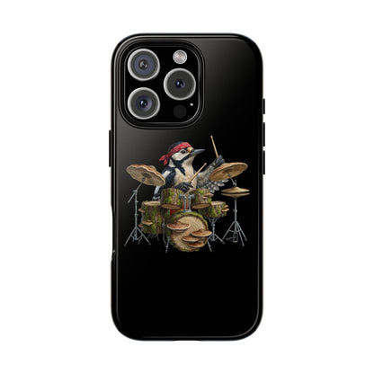 Schwarze iPhone Handyhülle mit einem Specht, der an einem Schlagzeug sitzt