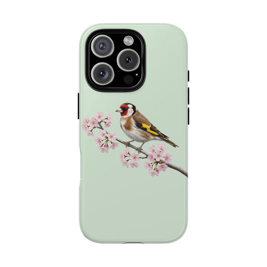 Stieglitz Handyhülle in Salbeigrün | Florales Kirschblüten Vogel-Motiv für iPhone & Google Pixel