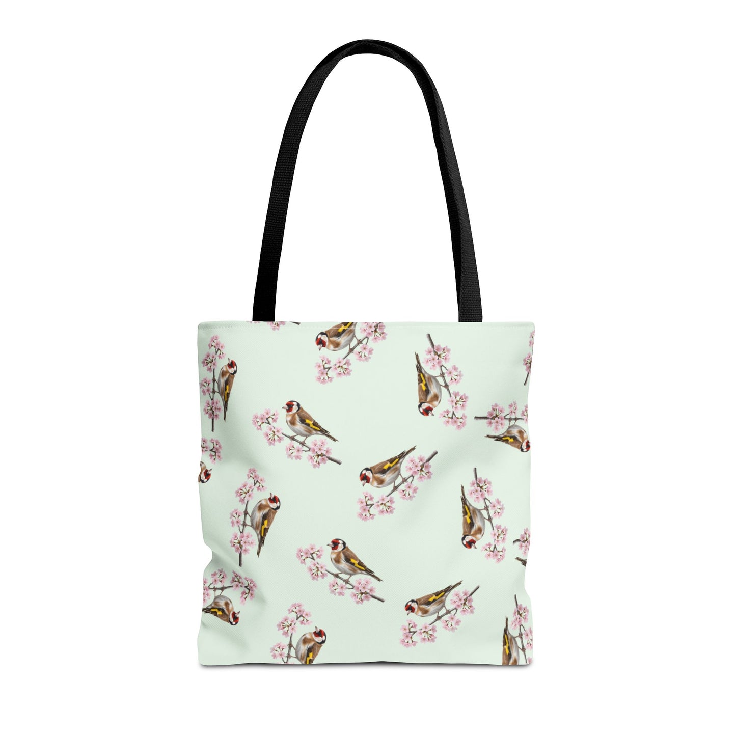 Stieglitz & Kirschblüten Tragetasche in Salbeigrün | Stofftasche & Geschenk für Vogelbeobachter
