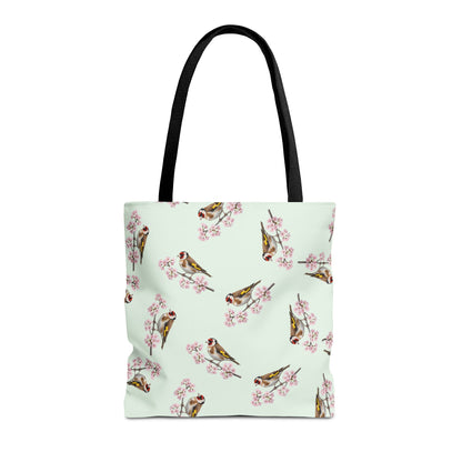 Stieglitz & Kirschblüten Tragetasche in Salbeigrün | Stofftasche & Geschenk für Vogelbeobachter