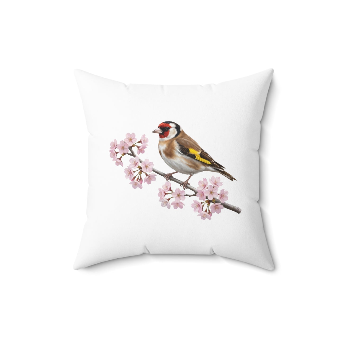 Stieglitz Kissen mit Kirschblüten | Weißes Dekokissen 40x40 Vogelmotiv