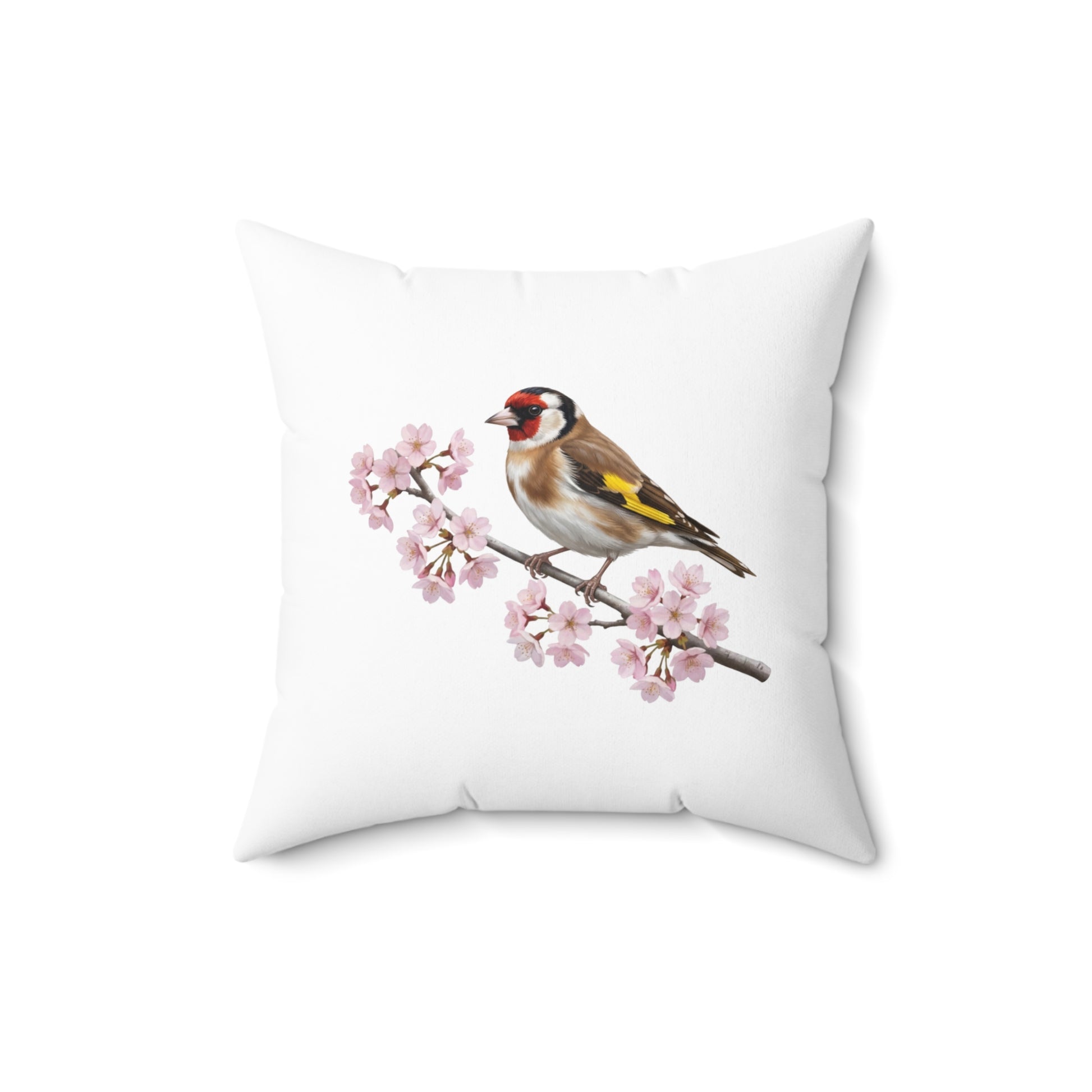 Stieglitz Kissen mit Kirschblüten | Weißes Dekokissen 40x40 Vogelmotiv