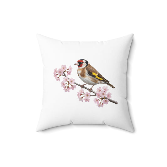 Stieglitz Kissen mit Kirschblüten | Weißes Dekokissen 40x40 Vogelmotiv
