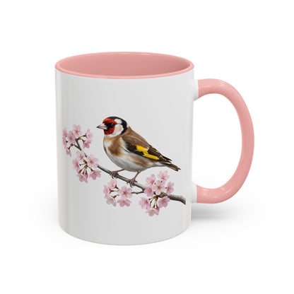 Stieglitz Tasse mit Kirschblüten | Rosa Keramiktasse für Vogelfreunde